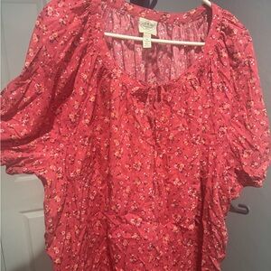 St. John's Bay Coral Floral Peasant Blouse with Tie Neck